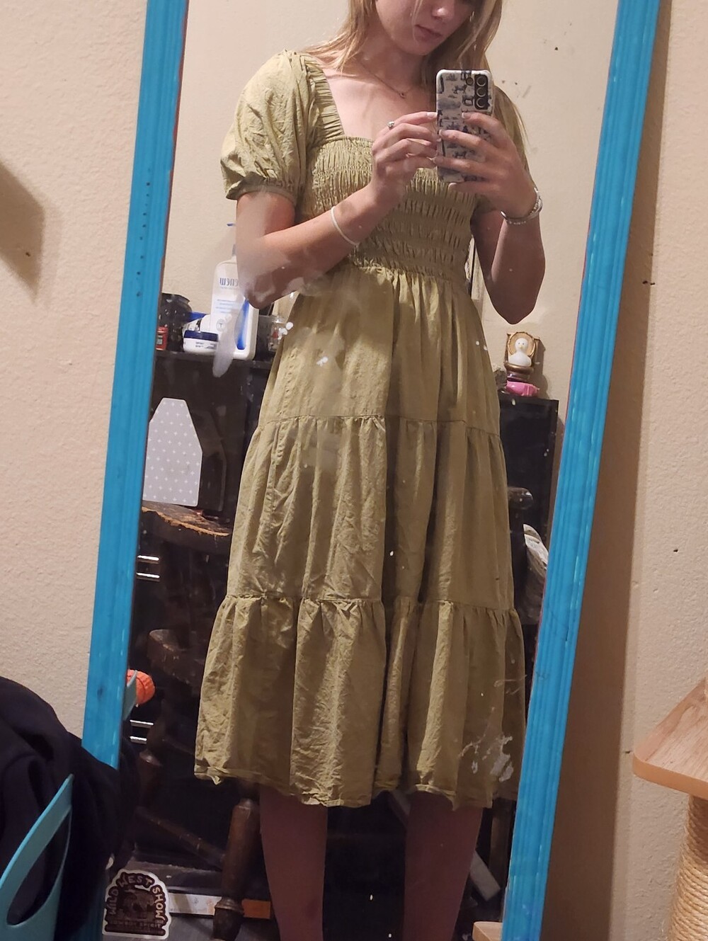 Smocked Puff Sleeve Midi Dress in Olive